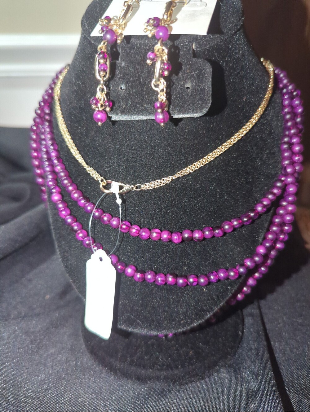 Purple Beaded Multi-Strand Necklace with Matching Dangling Earrings Set